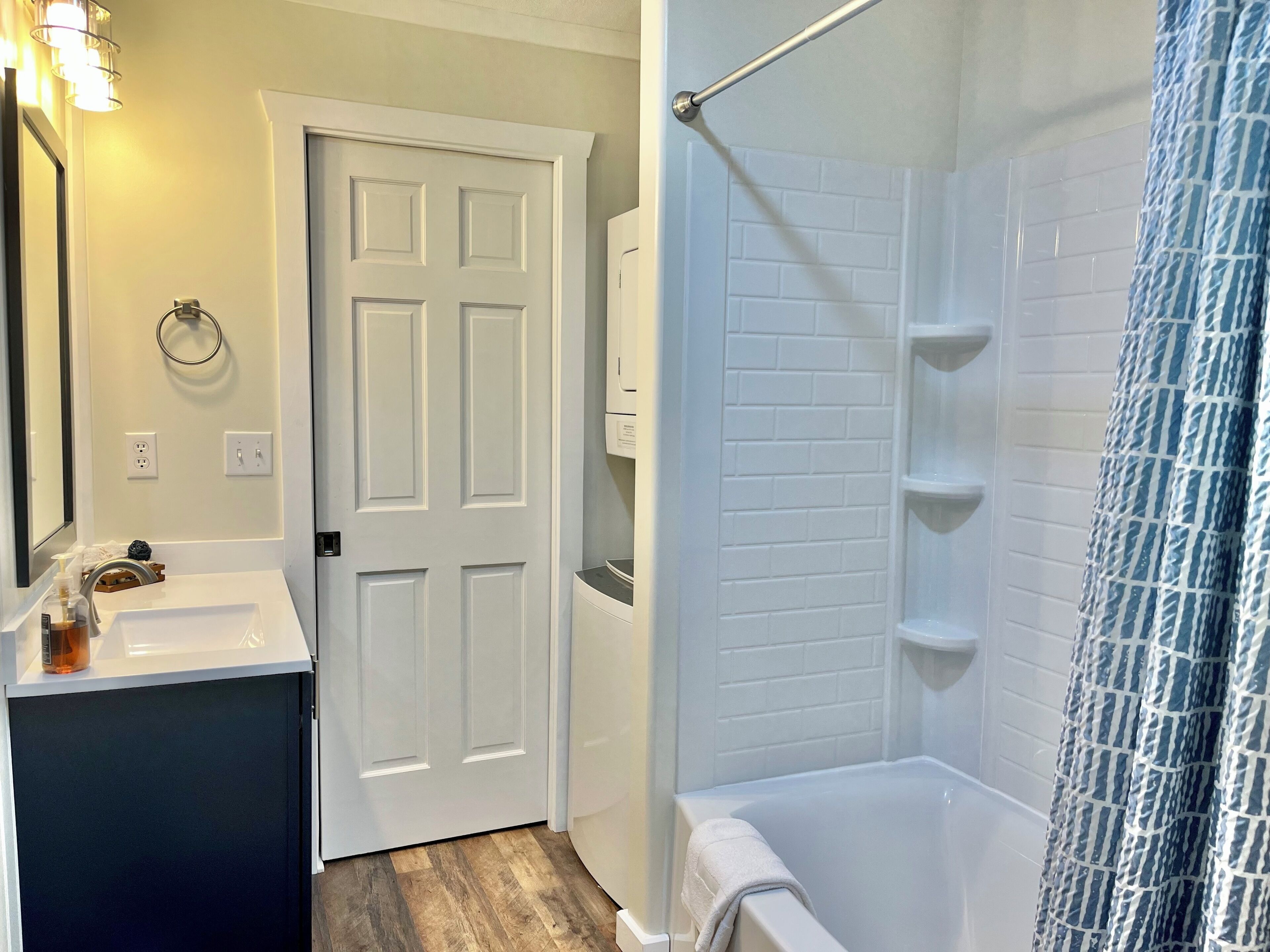 Hair dryer, towels, soap, shampoo
