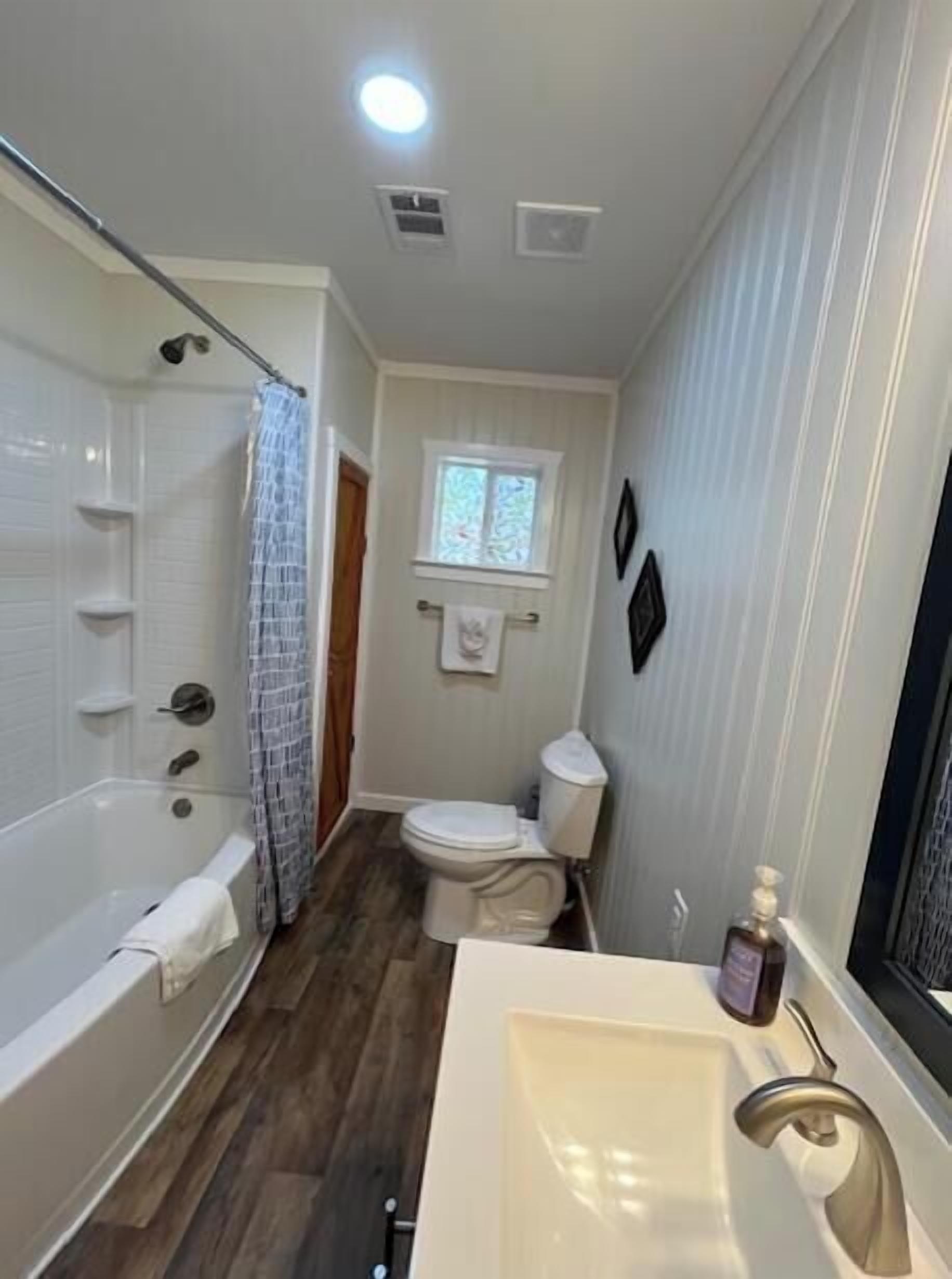 Hair dryer, towels, soap, toilet paper