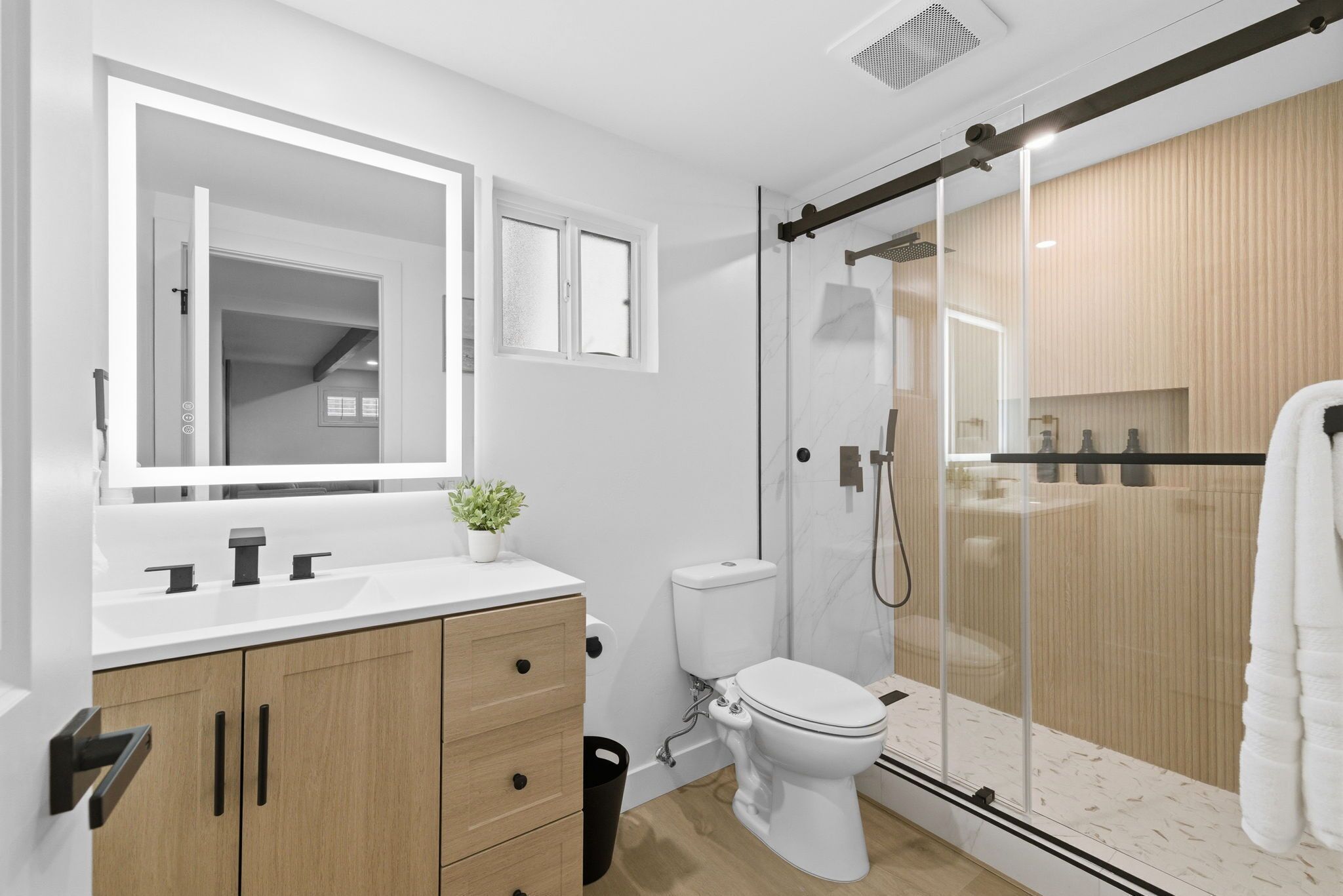 Shower, hair dryer, bidet, towels