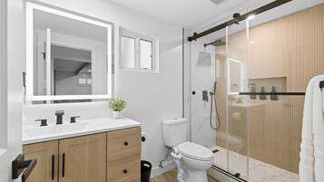 Shower, hair dryer, bidet, towels