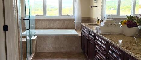 A bathroom with a glass shower enclosure, a bathtub, a vanity with a sink, and a window with curtains.