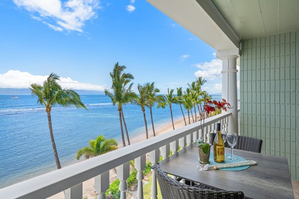 Enjoy breathtaking panoramic views of the Pacific Ocean and swaying palm trees from your private, high-floor lanai.