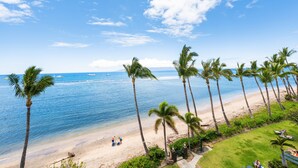 A beach with palm trees, a clear sky, and a view of the ocean. - Ocean view studio in vibrant West Maui for 2.-Lahaina Shores 511 (Lahaina)