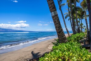 A beach with palm trees and ocean waves. - Charming mountain-view studio perfect for a romantic escape-Lahaina Shores 514 (Lahaina)