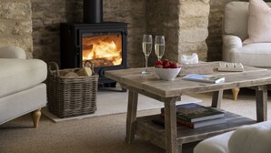 Ein gemütliches Wohnzimmer mit Steinwand, Kamin, einem Korbwäscher, einem Holztisch und einer Couch.