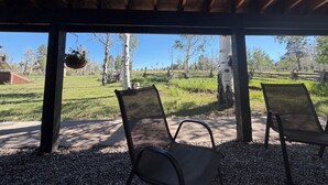 Een overdekt terras met twee stoelen, een hangende plantenbak en uitzicht op een grasveld met bomen.