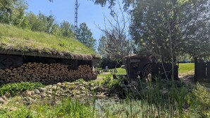 A rustic cabin with a thatched roof, a stack of firewood, and a small pond surrounded by greenery. - Troll Hill Nordic Nature Retreat (Municipality Of Chatham-Kent)
