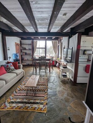 Ein Wohnzimmer mit einer Couch, einem gemusterten Teppich, einem Esstisch mit Stühlen, einem Fernseher und einer Küchenzeile mit Kühlschrank.