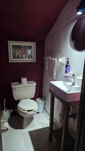 Baño con inodoro, lavamanos y un cuadro en la pared.