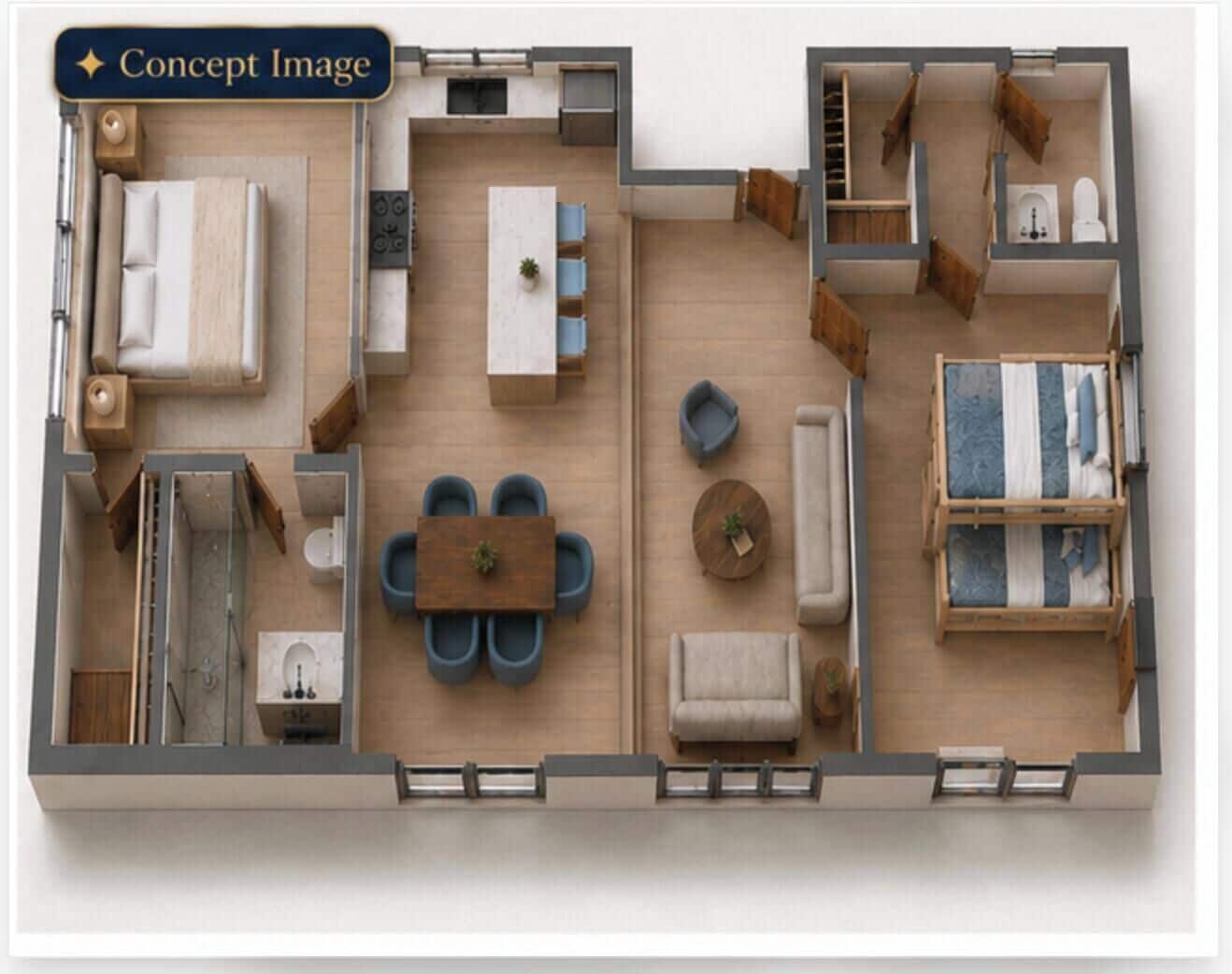A concept floor plan of a hotel room with a bed, a sofa, a dining table, a small kitchen area, and a bathroom.