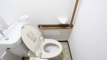 Hair dryer, bidet, towels, soap