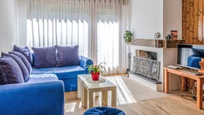 Een woonkamer met een blauwe bank, een tafeltje met een plant, een open haard en een televisie.