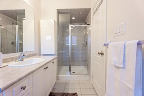 Hair dryer, towels, soap, toilet paper