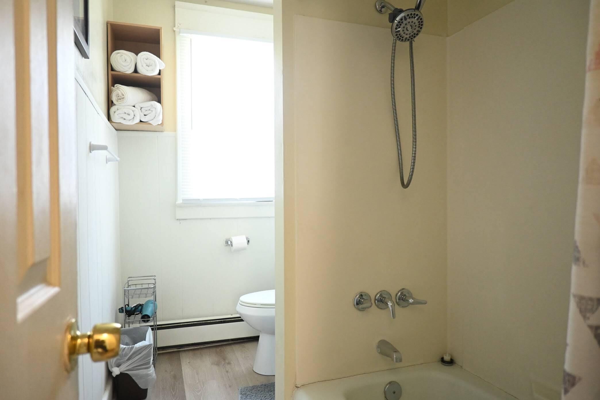 Hair dryer, towels, soap, toilet paper