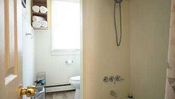 Hair dryer, towels, soap, toilet paper