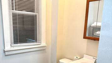 Hair dryer, towels, soap, toilet paper