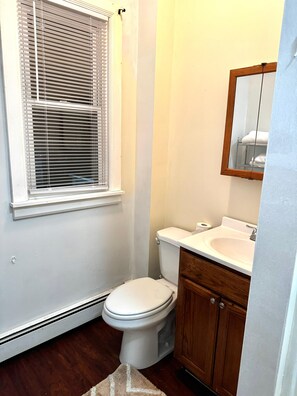 Hair dryer, towels, soap, toilet paper