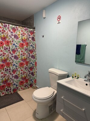 Secador de cabelo, toalhas de banho, sabonete, papel higiênico