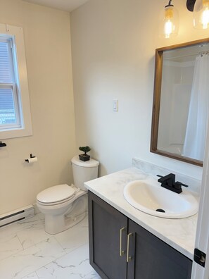 Hair dryer, towels, soap, toilet paper