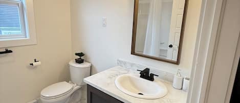 Secadora de cabello, toallas, jabón, papel de baño