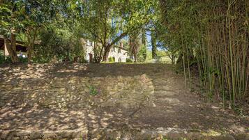 Un sentier de pierres mène à un bâtiment en pierre, entouré d’arbres et de bambous.
