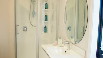 Shower, hair dryer, bidet, towels