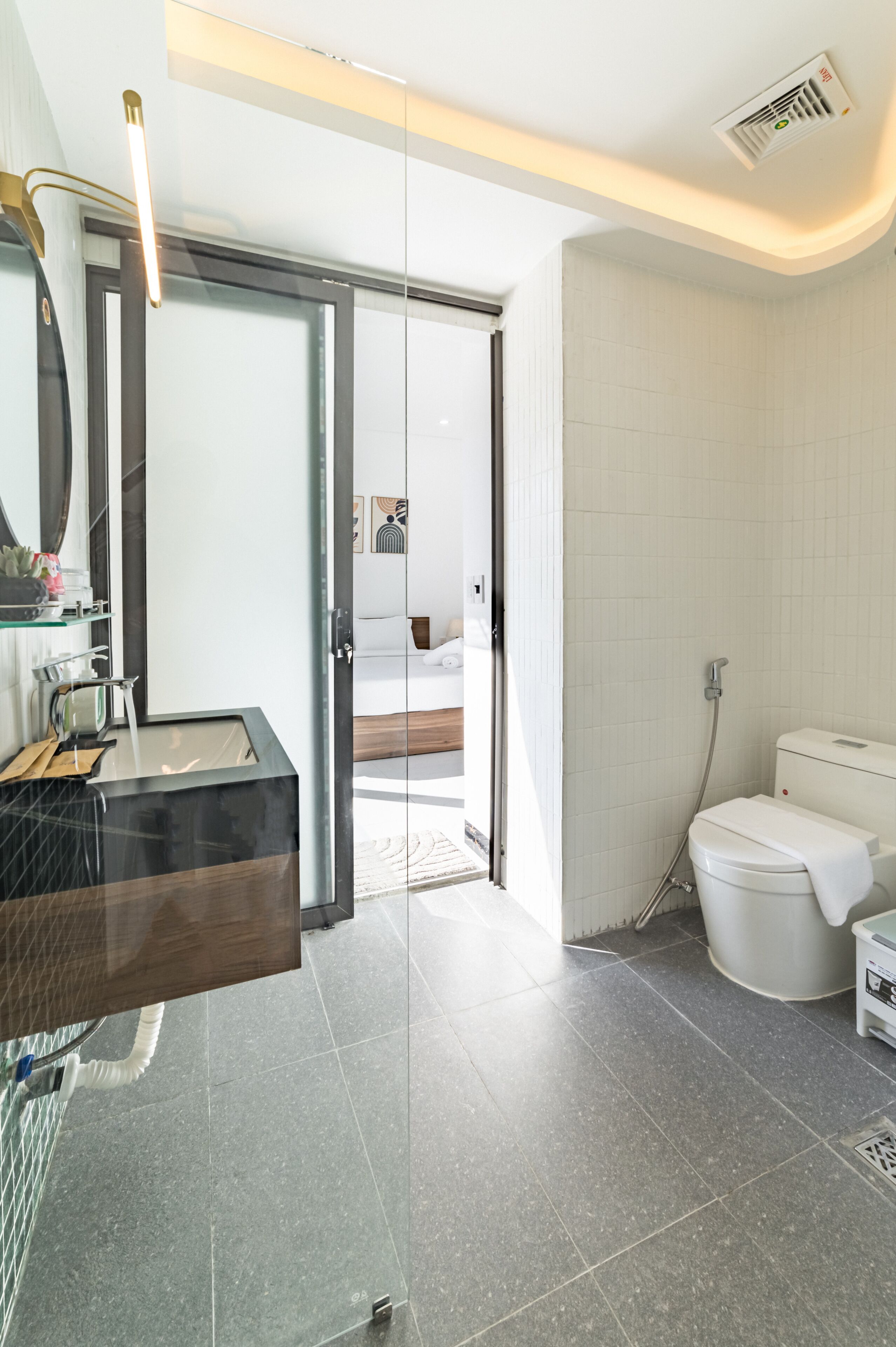 Hair dryer, bidet, towels, soap