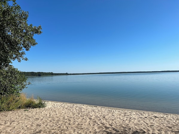 A clear view of a lake with a sandy beach and dense foliage on the left.