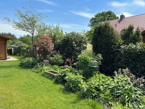 A well-maintained garden with a variety of plants and a wooden structure.