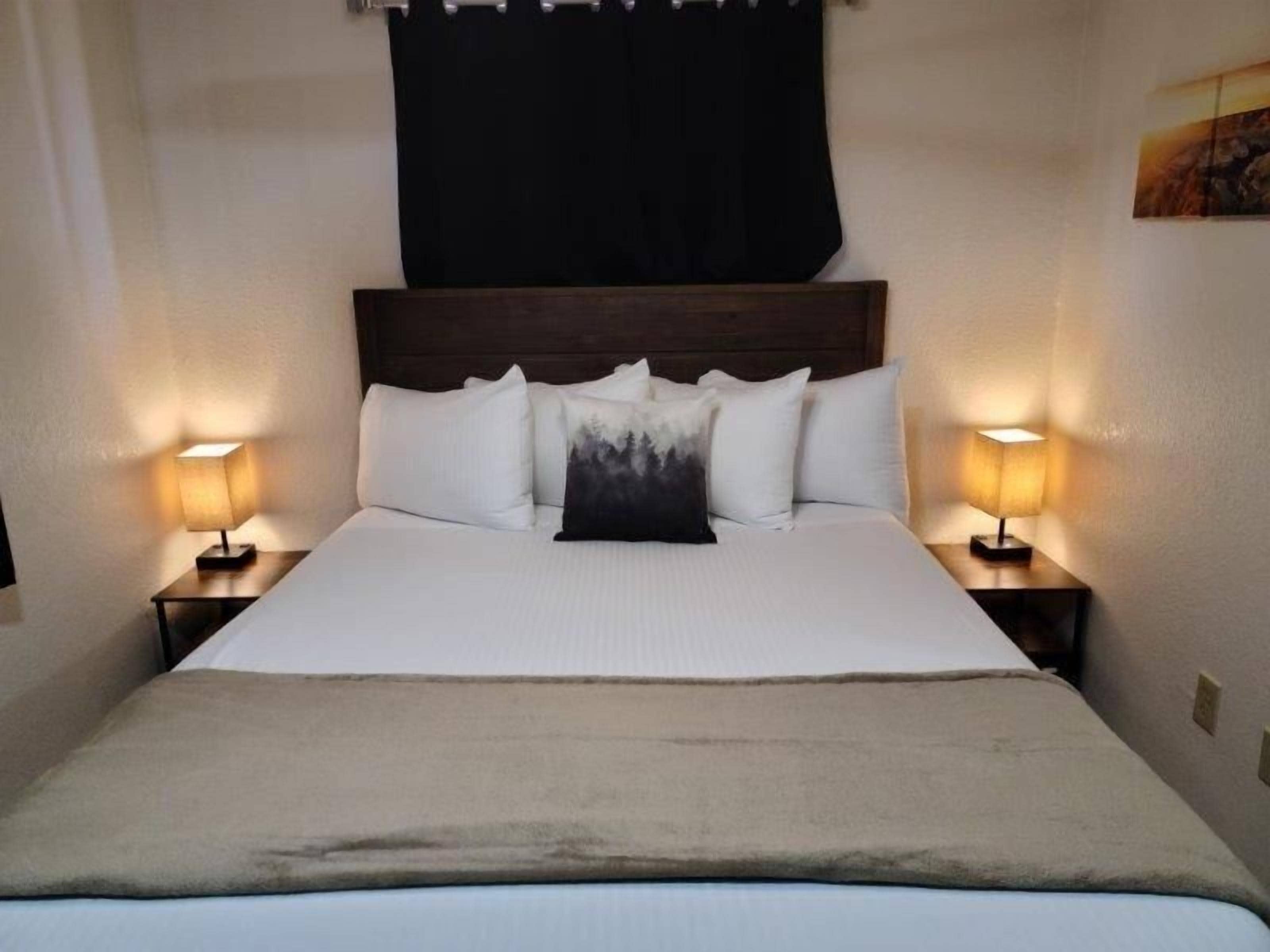 Quarto de hotel com uma cama grande, duas mesas de cabeceira com luminárias, cabeceira escura e um quadro na parede.
