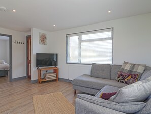 Ein Wohnzimmer mit grauem Sofa, einem Fernseher auf einem Holzboden, einem Fenster mit Rollläden und einer Tür mit Kleiderhaken.