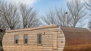 Une cabane en rondins avec un toit incurvé, deux fenêtres et une cheminée.