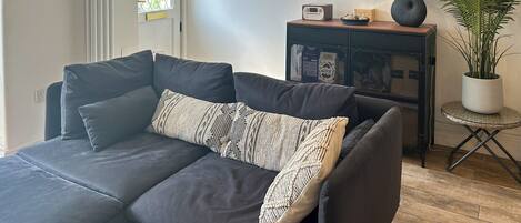A modern living room with a dark grey sofa, two patterned throw pillows, a wooden coffee table with two black mugs, a small side table with a radio and a plant, and a framed picture on the wall.