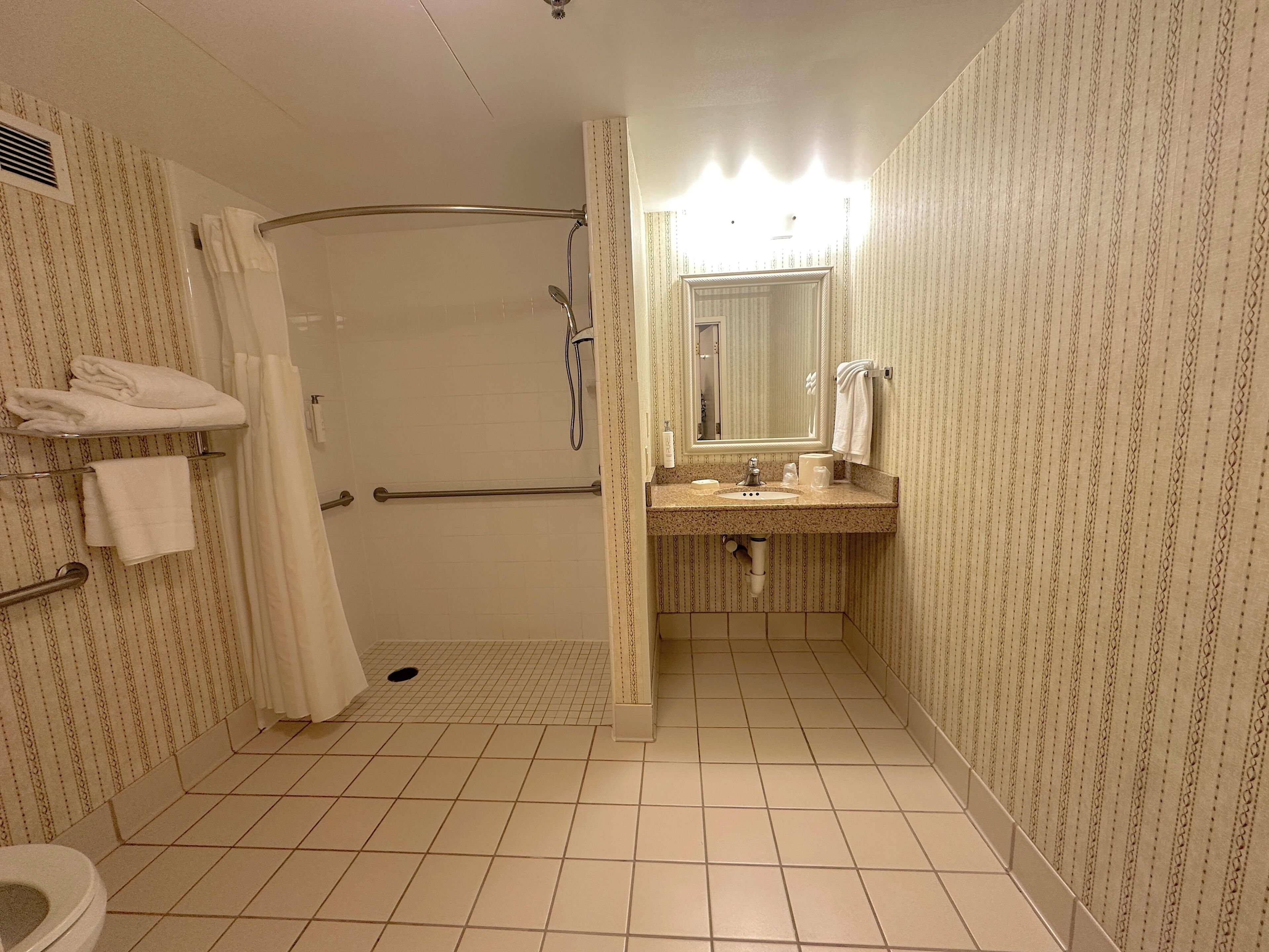 Une salle de bain avec une douche, des toilettes et un lavabo.