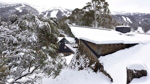 Una casa imbiancata dalla neve con facciata in pietra e tetto in metallo, circondata da alberi carichi di neve e montagne sullo sfondo.