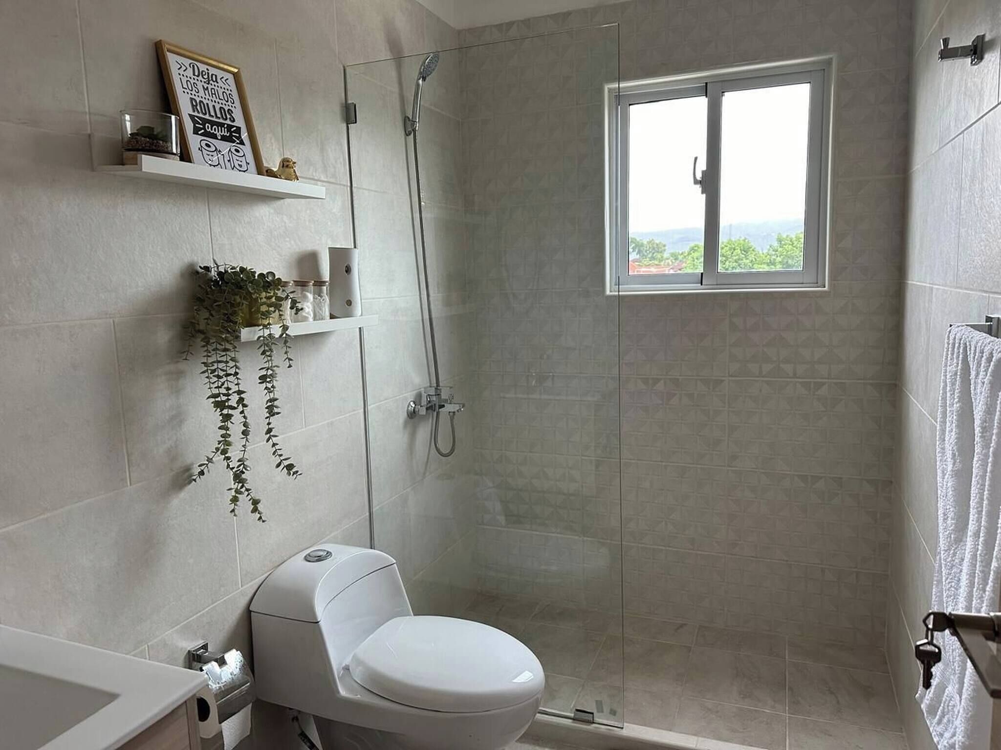 Chuveiro, secador de cabelo, toalhas de banho 