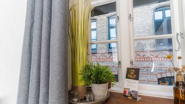 A room with a window, a potted plant, a tray with items, and a framed picture. - fewo1846 - Matrosenkoje - fewo1846 - Matrosenkoje - centrally located (Flensburg)