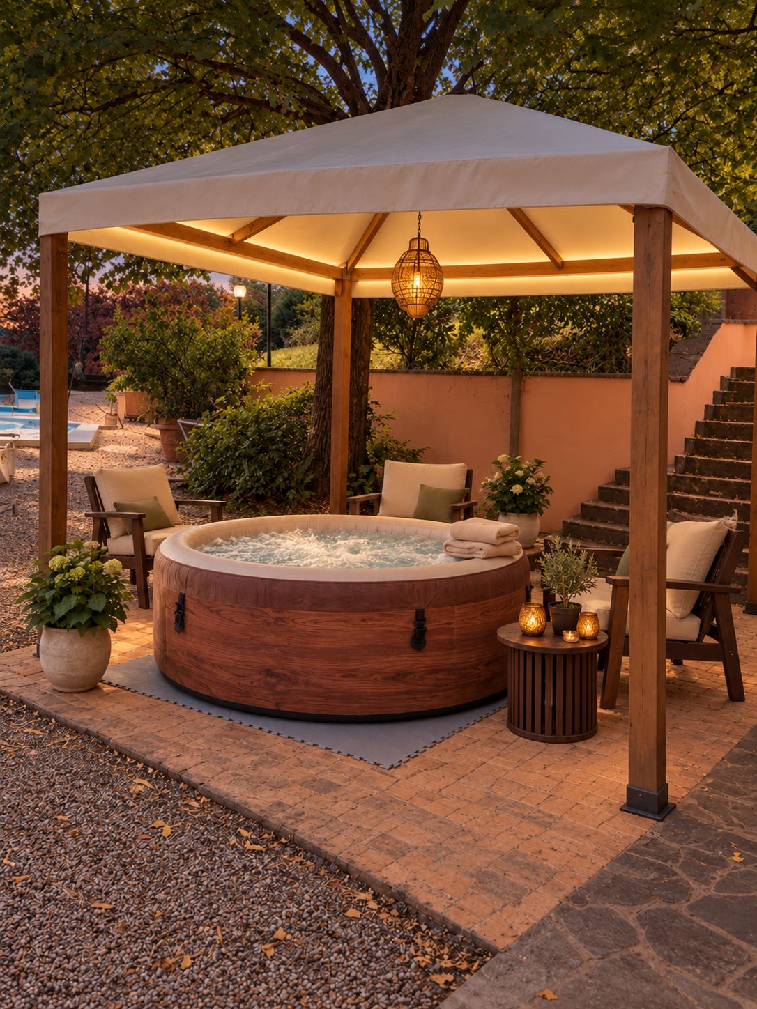 A hot tub under a wooden gazebo with a hanging light, surrounded by outdoor furniture and plants.