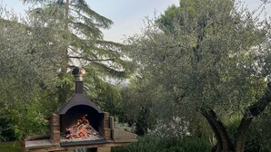 Cocina exterior de piedra con chimenea, rodeada de abundante vegetación y árboles.