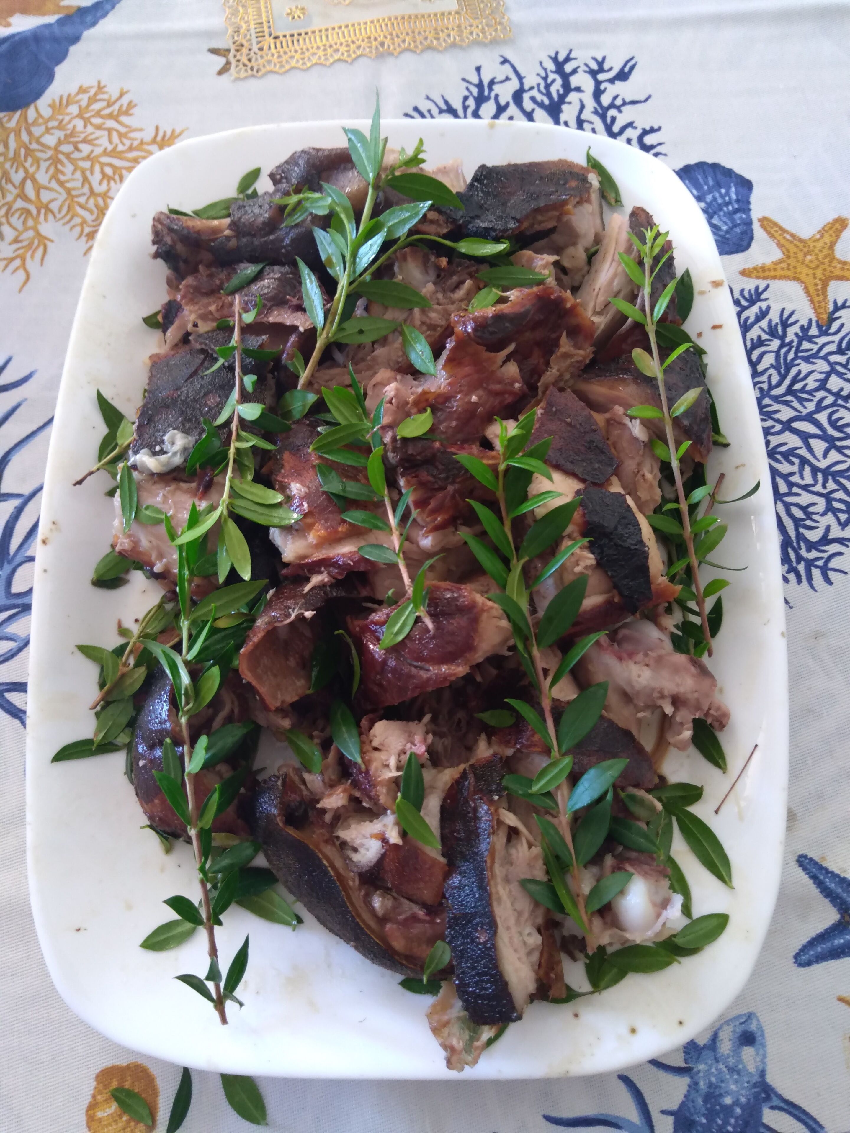 Un plato rectangular blanco con carne en rodajas y hierbas verdes.