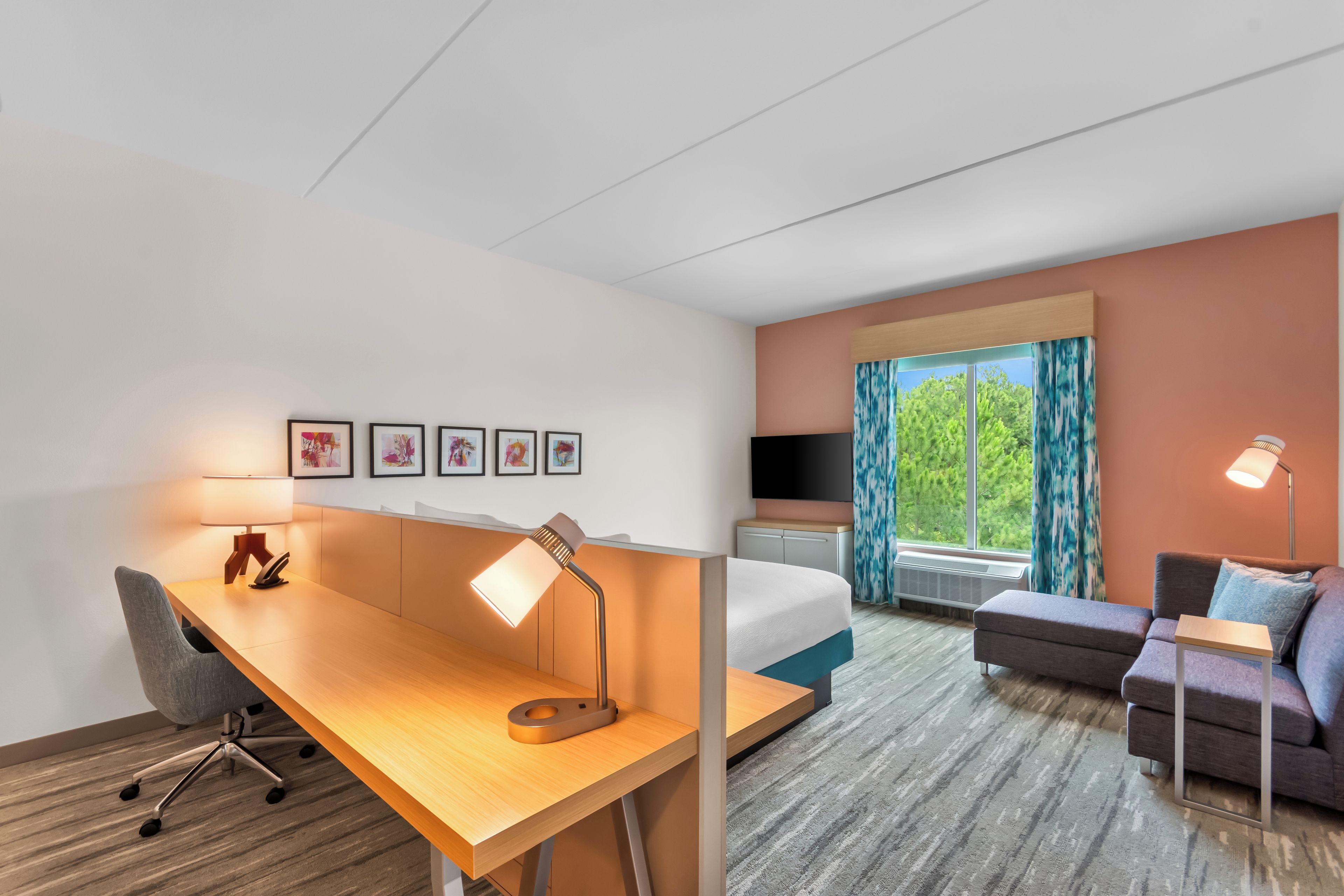 Habitación de hotel con escritorio, silla, cama, televisión y vista a árboles a través de la ventana.