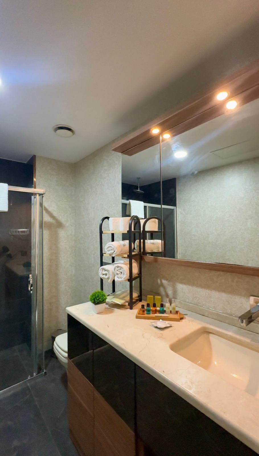 A modern bathroom with a large mirror, a sink, and a towel rack.
