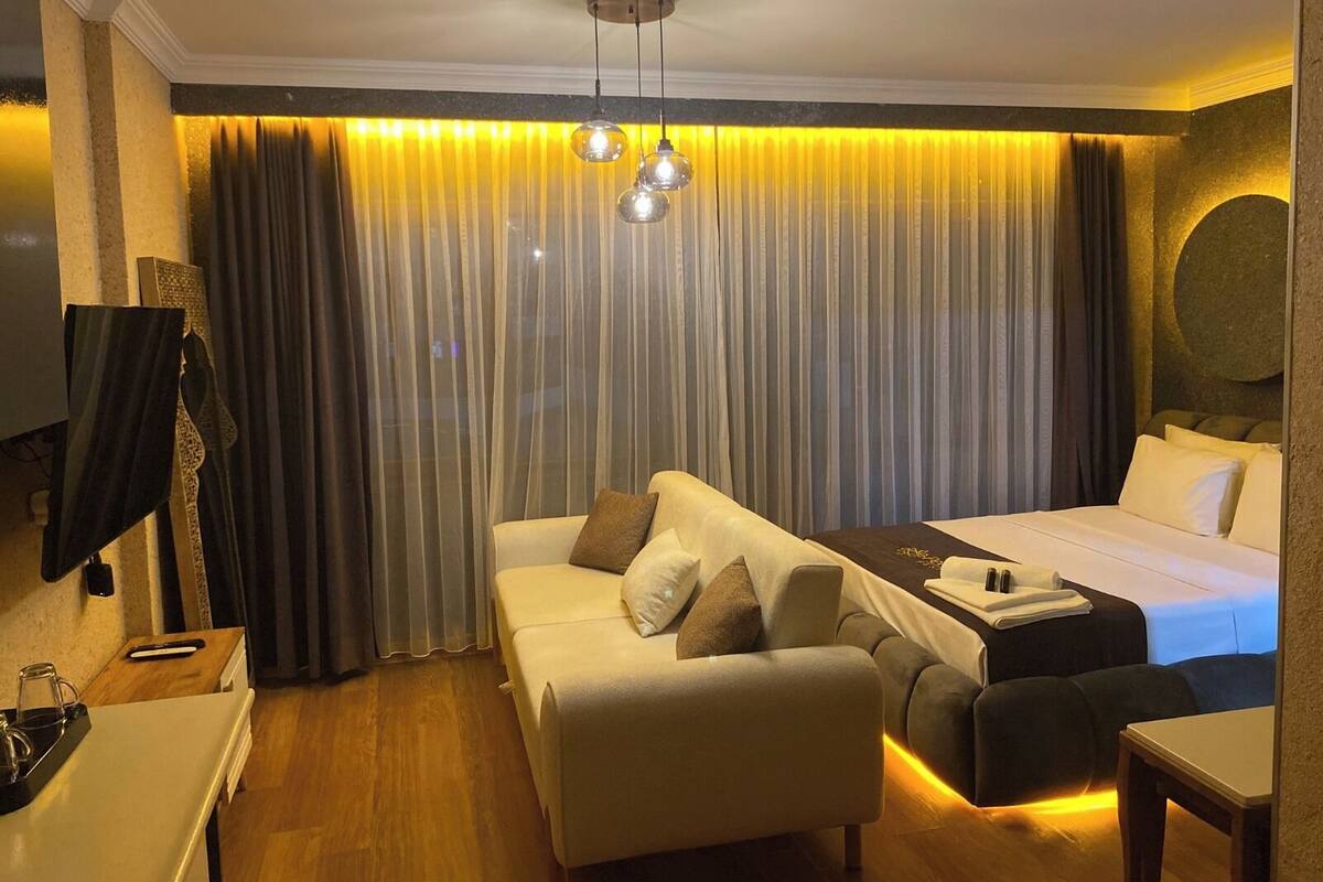 A hotel room with a bed, a sofa, a desk, and a TV.