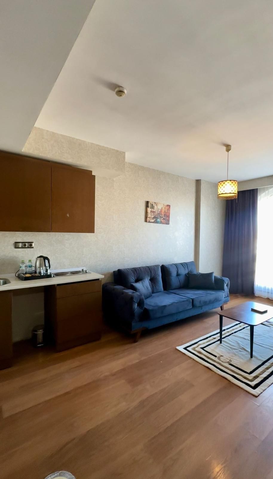 A modern living space with a sofa, a coffee table, a kitchen area with a kettle, and a hanging light fixture.