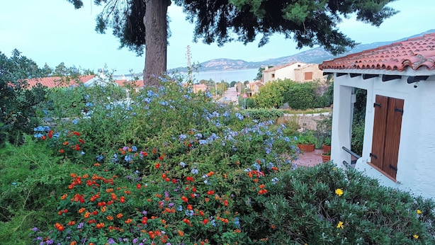 Um edifício branco com telhado de telhas vermelhas, rodeado por vegetação exuberante e flores coloridas.