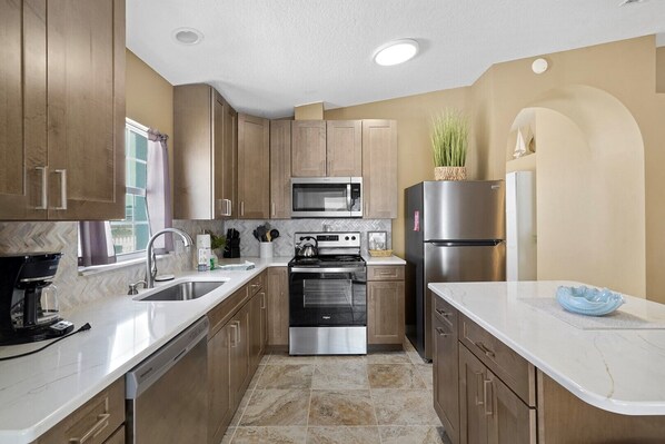 Microwave, dishwasher, coffee/tea maker, toaster