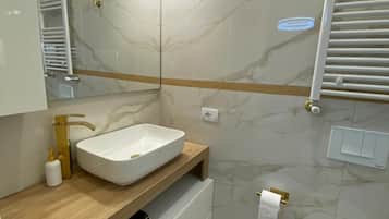 Shower, hair dryer, bidet, towels