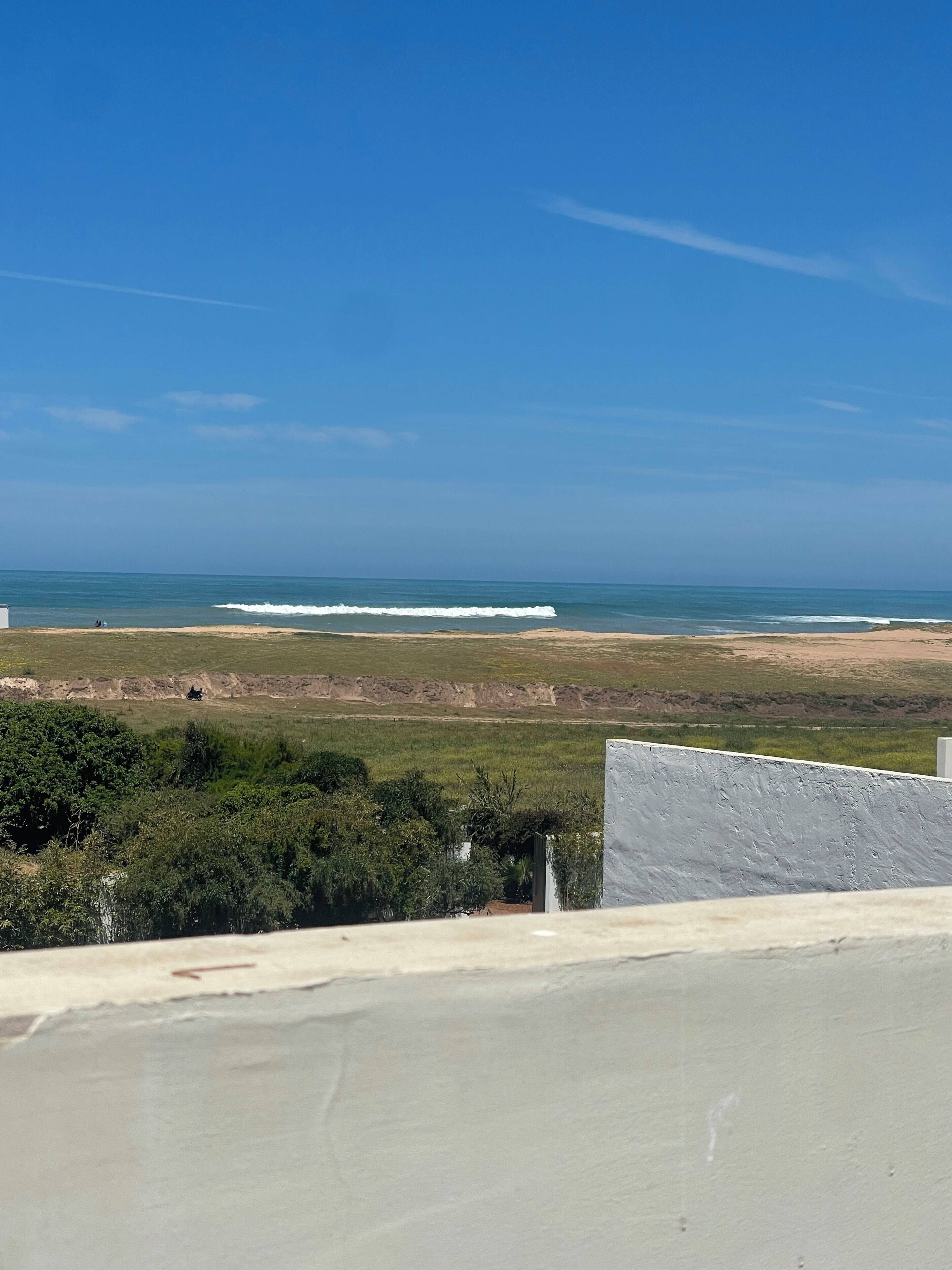 A coastal landscape with a beach, ocean, and greenery.