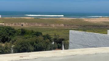 A coastal landscape with a beach, ocean, and greenery.