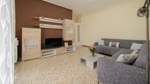 Een woonkamer met een flatscreen televisie, een grijze bank, een salontafel en een open haard.